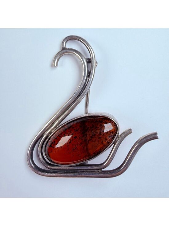 Unbranded Jewelry - BIG 9 CT Baltic Cognac Amber Swan Art Deco Sterling Silver VTG 2.2" Pin Brooch